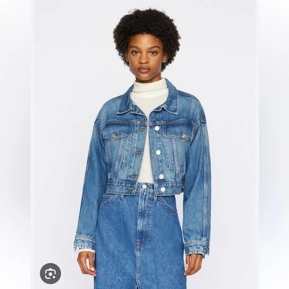 Frame Denim Enna Oversized Cropped Jean Denim Jacket Long Sleeve - Picture 1 of 8